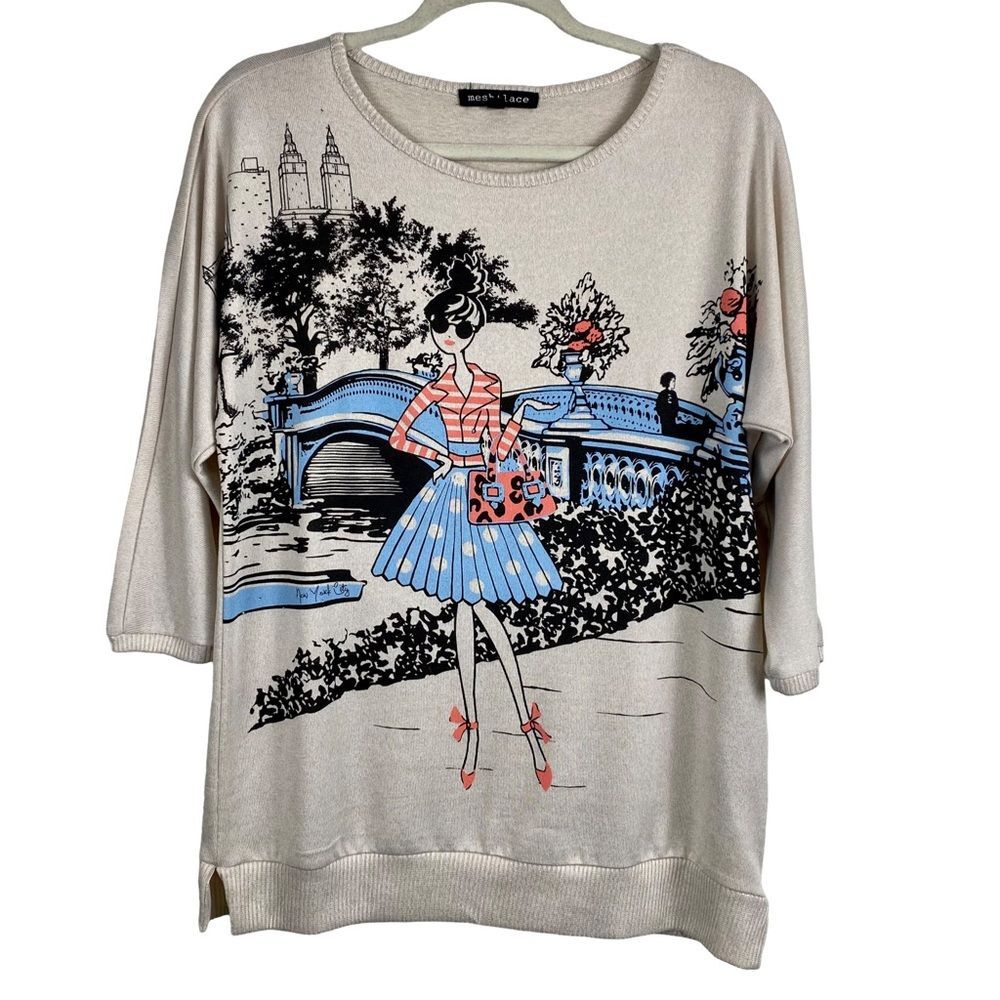 Mesh + Lace New York Graphic Oversized Sweater Studded Cream Size M